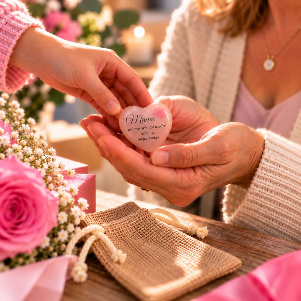 Manos de un niño entregando a su madre un corazón de cuarzo rosa natural personalizado con el mensaje Mamá, no eres solo mi madre, eres mi mejor amiga. Regalo especial para mamá de Concrete Paws.