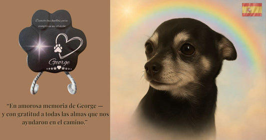 Imagen conmemorativa de George bajo un arcoíris – homenaje final del libro En Busca de George. Un tributo lleno de amor y gratitud hacia todas las almas que ayudaron en el camino.