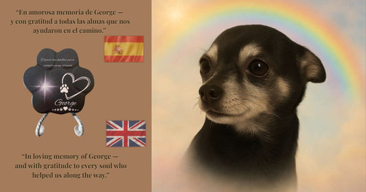 Imagen bilingüe del blog Finding Mr George / En Busca de George mostrando a George, un chihuahua bajo un arcoíris junto a una placa conmemorativa en piedra y las banderas de España y Reino Unido.