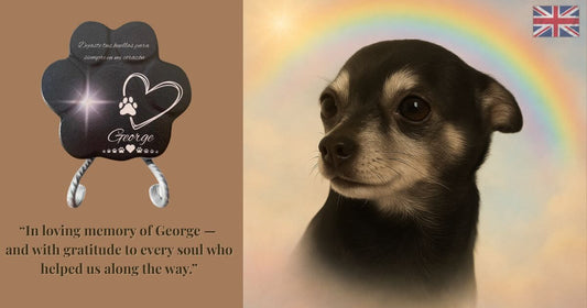 Digital tribute image for Finding Mr George — a black paw-shaped memorial stone with the name “George” beside his portrait under a rainbow, symbolising love and remembrance.