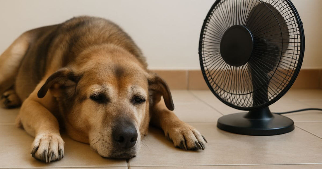 Perro mayor descansando en un suelo frío junto a un ventilador para aliviar el calor y la piel seca