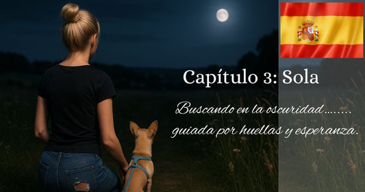 Mujer buscando a su perro perdido por la noche con linterna, acompañada de su chihuahua con arnés azul, guiada por huellas y esperanza.