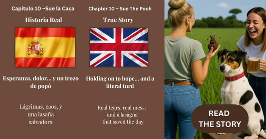 Historia real en Alhaurín con amiga británica, perro perdido y caca auténtica. Imagen con perro, campo y momento emotivo con humor.
