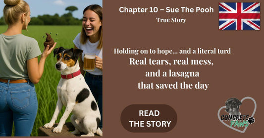 Two women laugh in a field as one holds fake dog poo — a dog looks on. A real-life rescue story filled with mess, hope, and humour.