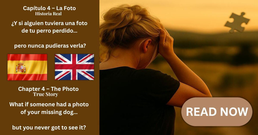 Mujer rubia preocupada sosteniendo la cabeza al atardecer con pieza de rompecabezas flotando, imagen para Capítulo 4 – La Foto, historia real sobre foto perdida de perro en Alhaurín el Grande.