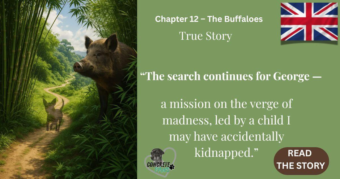 A wild boar in a lush bamboo forest watches a small ghost-like dog on a winding path — symbolizing the chaotic and emotional search for a lost pet.