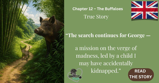 A wild boar in a lush bamboo forest watches a small ghost-like dog on a winding path — symbolizing the chaotic and emotional search for a lost pet.