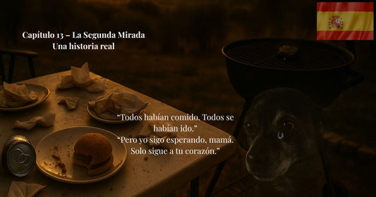 Perro esperando junto a la mesa de barbacoa después de comer. Una emotiva historia de amor y pérdida. Capítulo 13 – Una segunda mirada al interior.