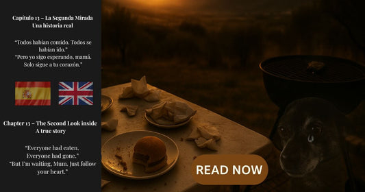 Montaje con mesa vacía, perro con lágrima y mensaje bilingüe sobre una historia real. Imagen del atardecer, banderas de España y Reino Unido.