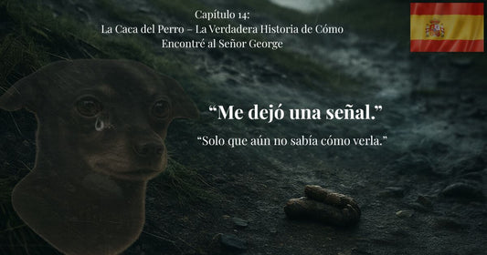 Capítulo 14 – Imagen emocional del blog sobre George. Perro con lágrima, caca en el suelo, y bandera de España. Frase: “Me dejó una señal.”