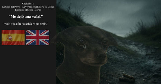 Dual-language image for Chapter 14 of Finding Mr George. A crying dog in the rain, with dog pooh on the ground, and Spanish and UK flags side by side.