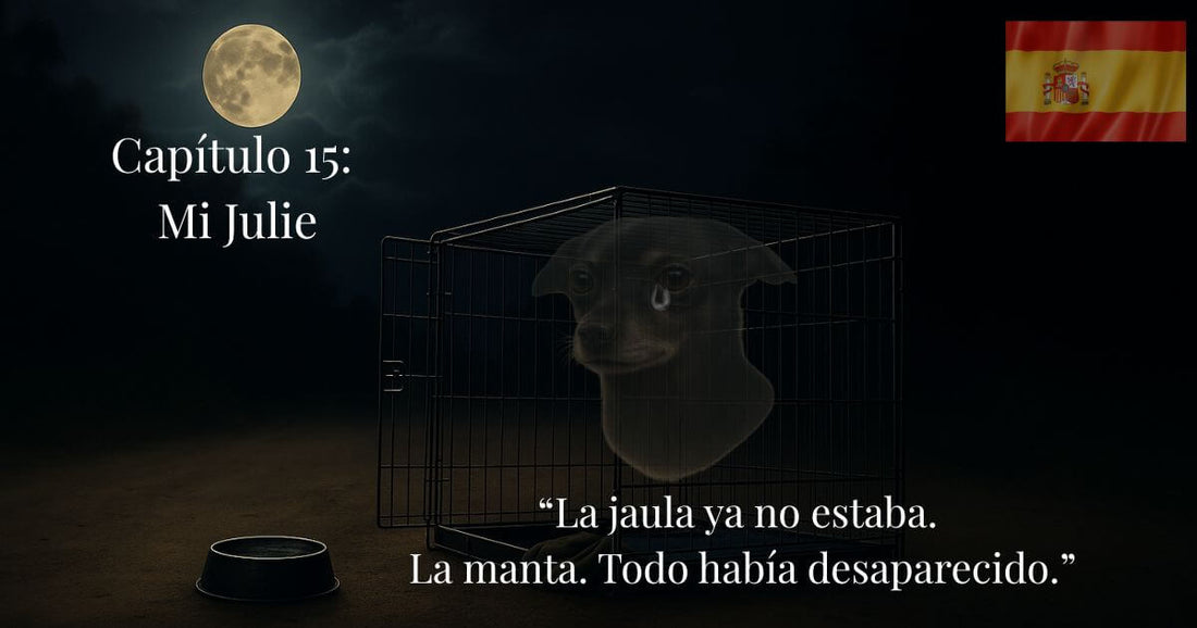 Jaula de perro vacía en un camino de tierra iluminado por la luna, con sombra tenue y un rostro fantasmal de perro apenas visible dentro.
