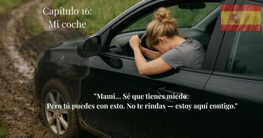Mujer abatida dentro de un coche en camino embarrado con mensaje emocional y bandera de España — Capítulo 16: Mi coche.
