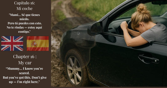 Mujer agotada en coche embarrado con mensaje emocional en inglés y español — Capítulo 16: Mi coche / My Car, búsqueda de perro perdido.