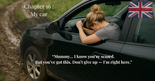 Woman in black car stuck in mud, head down in frustration, with ghost dog overlay and UK flag.