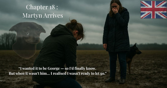 Two women grieving in muddy field with ghost image of crying dog – Chapter 18 Martyn Arrives, true story “Finding George”