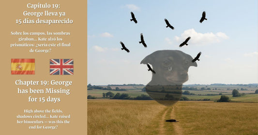 Capítulo 19 George 15 días desaparecido y Chapter 19 George missing 15 days – aves rapaces, imagen homenaje perro, banderas España y Reino Unido