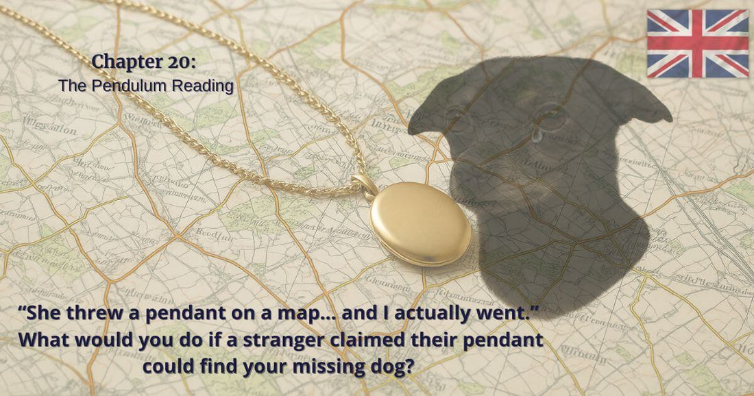 Gold pendant necklace on a detailed map with the shadow of a dog and a small Union Jack flag, representing Chapter 20 “The Pendulum Reading” from the true story of George’s disappearance.