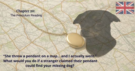 Gold pendant necklace on a detailed map with the shadow of a dog and a small Union Jack flag, representing Chapter 20 “The Pendulum Reading” from the true story of George’s disappearance.