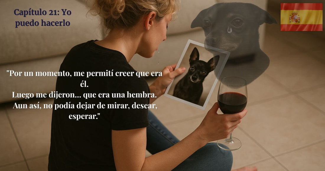Mujer sosteniendo la foto de un perro negro desaparecido mientras bebe vino, con imagen fantasmal del perro y una lágrima – Capítulo 21 Yo puedo hacerlo, blog Encontrando a George.