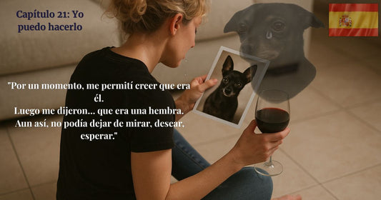 Mujer sosteniendo la foto de un perro negro desaparecido mientras bebe vino, con imagen fantasmal del perro y una lágrima – Capítulo 21 Yo puedo hacerlo, blog Encontrando a George.