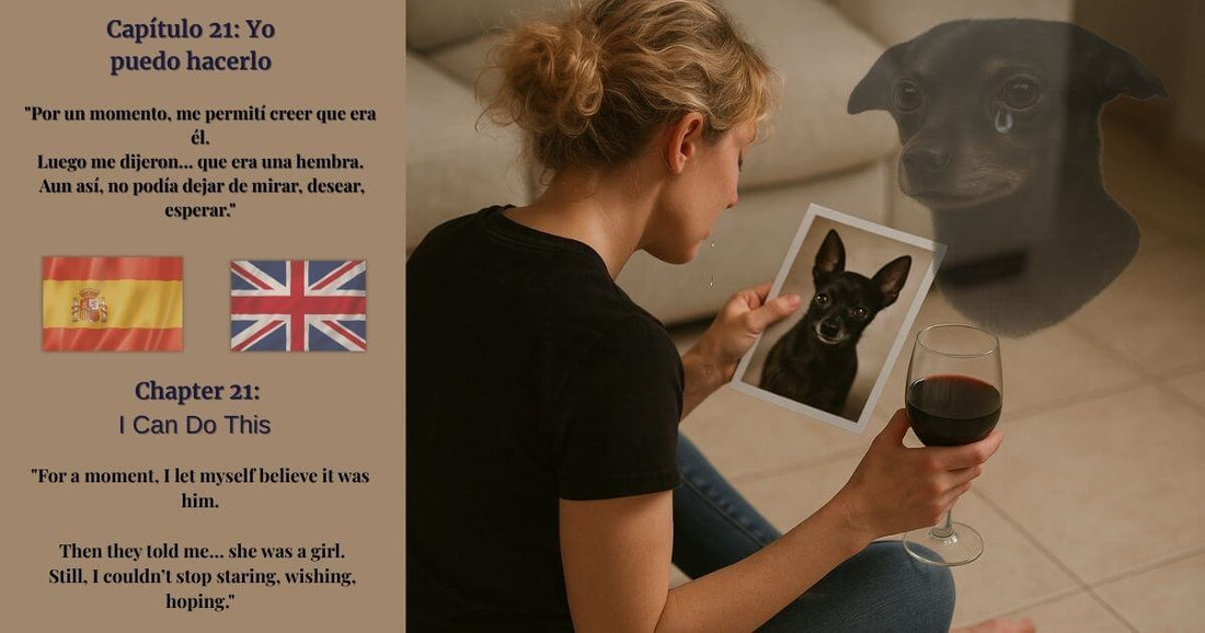 Mujer con copa de vino mirando la foto de un perro negro desaparecido, con imagen fantasmal del perro y lágrimas; cita en español e inglés – Capítulo 21 Yo puedo hacerlo / I Can Do This, blog Encontrando a George.  This alt text: