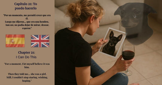 Mujer con copa de vino mirando la foto de un perro negro desaparecido, con imagen fantasmal del perro y lágrimas; cita en español e inglés – Capítulo 21 Yo puedo hacerlo / I Can Do This, blog Encontrando a George.  This alt text:
