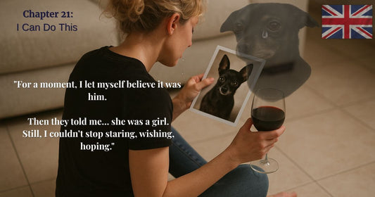 Woman holding a photo of a missing black dog while drinking wine, with ghostly image of the dog and a tear overlay – Chapter 21 I Can Do This from Finding Mr. George blog.