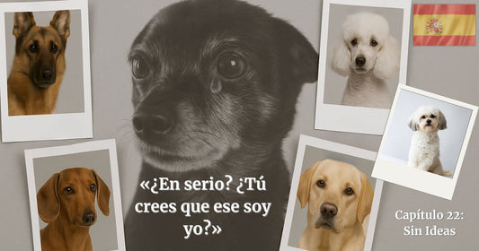 Perro con lágrima rodeado de fotos polaroid de razas caninas y bandera de España – Capítulo 22: Sin Ideas, búsqueda de George.