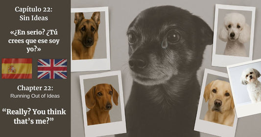 Imagen bilingüe Capítulo 22: perro con lágrima y fotos de razas, frases en español e inglés – búsqueda de George.