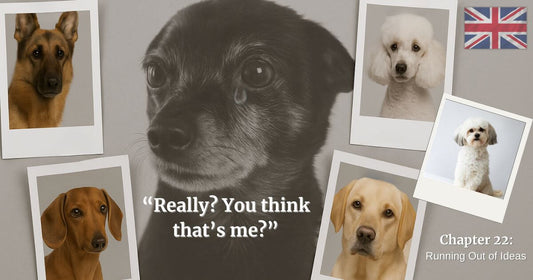 Chapter 22 Running Out of Ideas – Missing dog story with photos of different breeds around a crying black dog – “Really? You think that’s me?”
