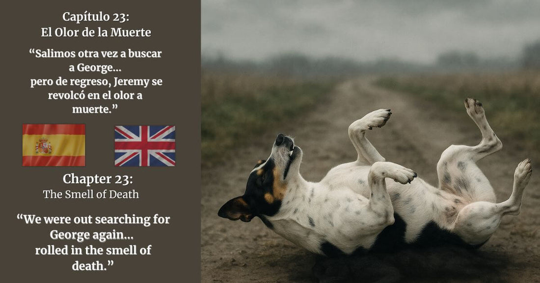 Perro bodeguero revolcándose en un camino de tierra bajo un cielo gris, Capítulo 23 El Olor de la Muerte | Chapter 23 The Smell of Death – blog bilingüe Finding Mr. George.