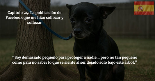 “Chihuahua negro triste con lágrimas atado a un árbol – Capítulo 24 de Buscando a George: la publicación de Facebook que me hizo llorar y llorar.”