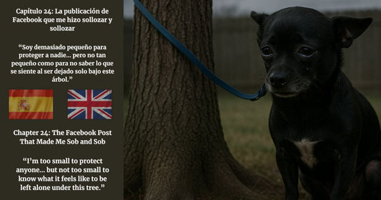 Capítulo 24 Buscando a George – Facebook post | Chapter 24 – The Facebook Post. Chihuahua negro triste atado a un árbol.