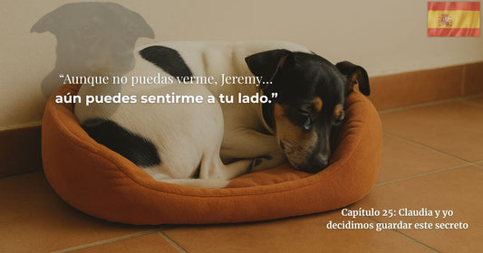 Perro triste en la cama con cita sobre Jeremy — Capítulo 25 Claudia y yo decidimos guardar este secreto, blog Finding Mr George.