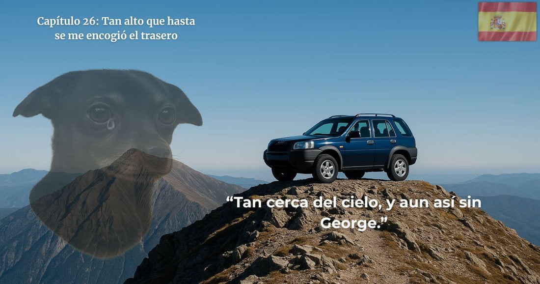 Capítulo 26 Buscando a George – coche en la cima de una montaña con un perro llorando de fondo, símbolo de la búsqueda desesperada de George.