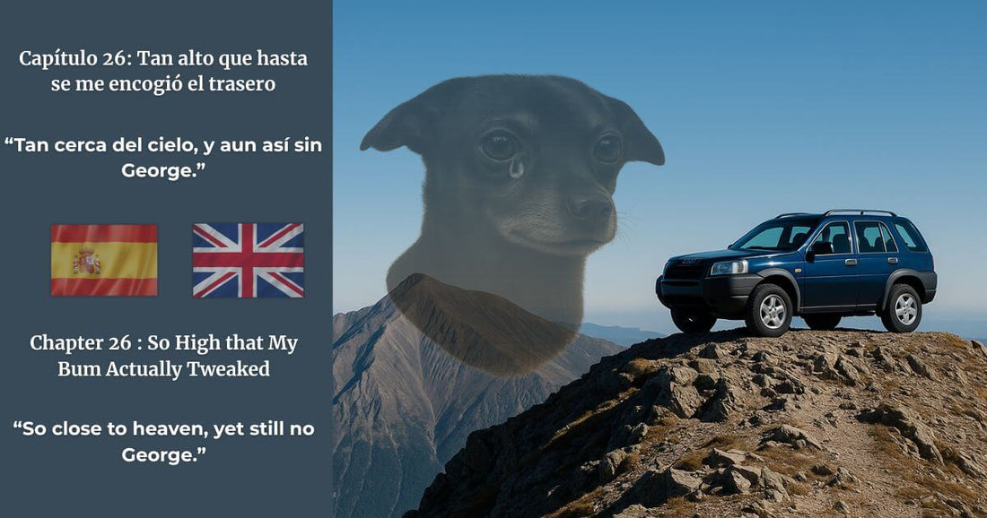 Capítulo 26 de Finding Mr George bilingüe español e inglés – coche en la cima de una montaña con perro llorando de fondo, símbolo de la búsqueda desesperada de George.