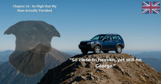 Chapter 26 Finding George – car on top of a mountain with a crying dog in the background, symbol of the desperate search for George.