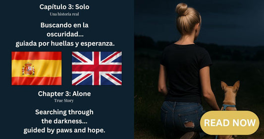 Mujer rubia arrodillada de espaldas junto a su perro en un campo oscuro al atardecer, imagen para Capítulo 3 – Solo, historia real de búsqueda y esperanza en Alhaurín el Grande.