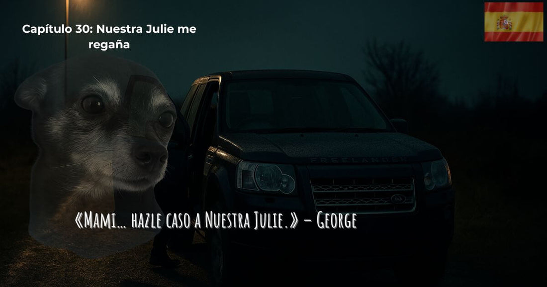 En Busca de George Capítulo 30: Nuestra Julie me regaña – coche Freelander azul oscuro de noche con el rostro de George y la frase “Mami… hazle caso a Nuestra Julie.”
