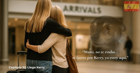En Busca de George – Capítulo 32 Llega Kerry. Reencuentro emotivo en el aeropuerto entre madre e hija abrazándose con maleta, mientras George aparece como fantasma al fondo. Bandera española visible.