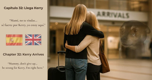 En Busca de George – Capítulo 32 Llega Kerry. Reencuentro emotivo en el aeropuerto entre madre e hija abrazándose con maleta, mientras George aparece como fantasma. Imagen bilingüe con banderas UK y ES.