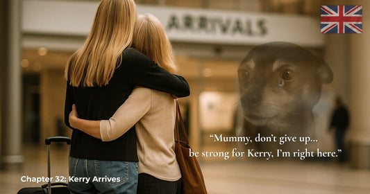 Finding Mr George – Chapter 32 Kerry Arrives. Emotional airport reunion between mother and daughter hugging with suitcase, while a ghostly George watches over them. UK flag shown.