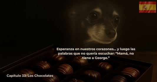 Perro triste con caja de bombones y texto: “Mamá, no tiene a George.” Capítulo 33: Los Chocolates.