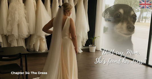Bride choosing her wedding dress with ghost dog watching through window – Chapter 34 The Dress Finding George