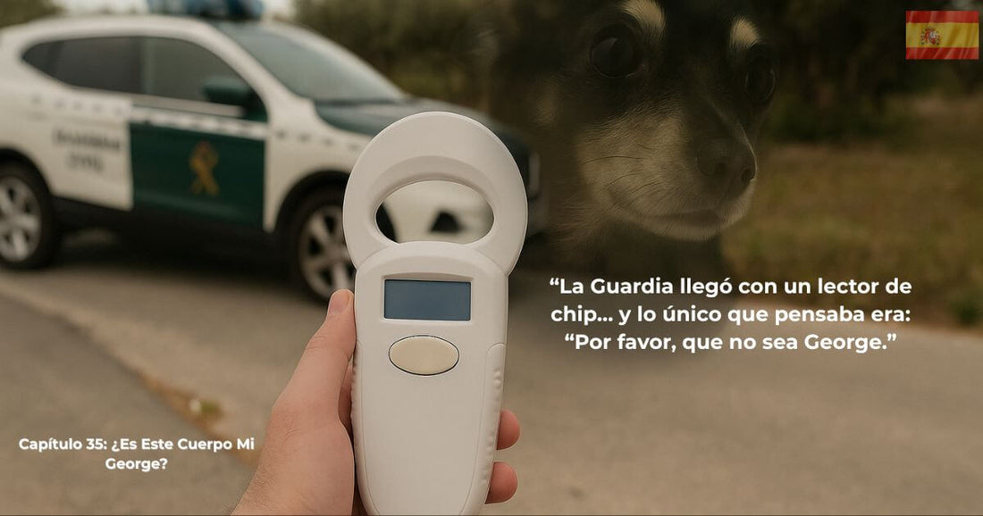 Capítulo 35 Encontrando a George – Guardia Civil con lector de chip e imagen difuminada del perro durante la búsqueda.