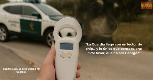 Capítulo 35 Encontrando a George – Guardia Civil con lector de chip e imagen difuminada del perro durante la búsqueda.