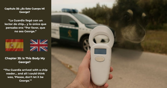 Imagen bilingüe del libro Encontrando a George, Capítulo 35: lector de chip frente a coche de la Guardia Civil y rostro de perro difuminado.