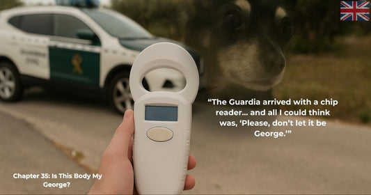 Chapter 35 Finding Mr. George – Guardia Civil with microchip reader and faded dog image during search for George.