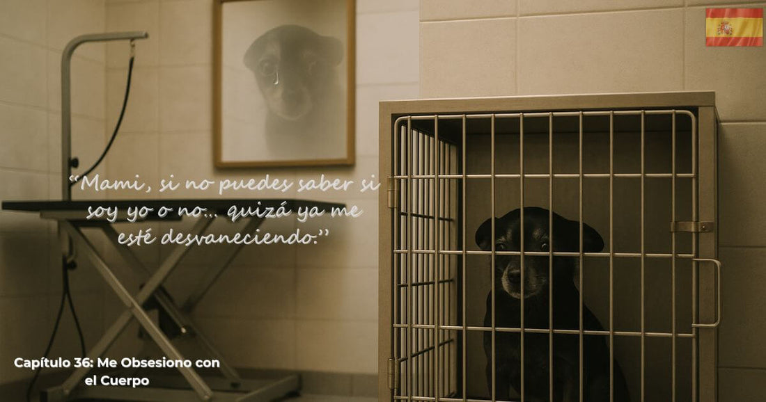Perro en la jaula de una sala de peluquería canina con reflejo fantasmal de George en un espejo — Capítulo 36 Me Obsesiono con el Cuerpo, historia Buscando a George.